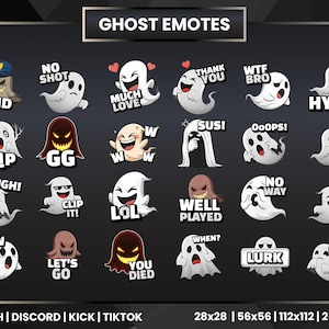 Könnte beinhalten: Eine Sammlung von Geister-Emotes mit verschiedenen Ausdrücken und Textblasen. Emotes beinhalten "RAID", "RIP", "LOL", "WOW" und mehr. Das Bild ist für die Verwendung auf Plattformen wie Twitch, Discord, Kick und TikTok konzipiert.