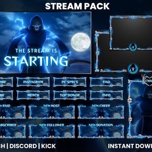 Grim Reaper Stream Overlay Pack for Twitch OBS Kick | Animated Starting Soon Screen, Panels, Alerts, Webcam Frames, Instant Download