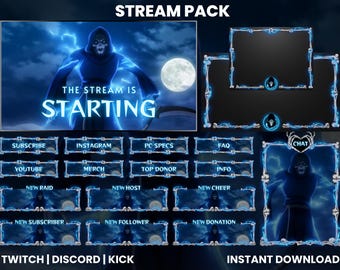 May include: A digital stream pack with a dark fantasy theme. The main graphic features a hooded figure with a glowing blue aura, the text "THE STREAM IS STARTING", and various overlay elements for Twitch, Discord, and Kick. Includes instant download.