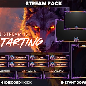 Peut inclure: Un pack de diffusion en violet et or avec une illustration de loup. Le pack comprend un écran de démarrage, une boîte de chat, une alerte de nouveau abonné, une alerte de nouveau follower, une alerte de nouveau don et d'autres panneaux. Le texte "STREAM PACK" est en haut de l'image. Le texte "THE STREAM IS STARTING" est en bas de l'image. Le texte "TWITCH | DISCORD | KICK" est en bas de l'image. Le texte "INSTANT DOWNLOAD" est en bas de l'image.
