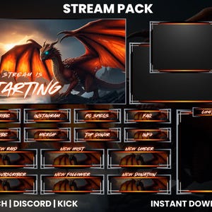 May include: A digital stream pack with a fantasy theme. The main graphic features a red dragon with orange wings. Includes overlay elements and buttons for Twitch, Discord, and Kick. Text includes "The Stream is Starting".