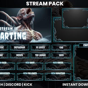 Puede incluir: Un paquete de transmisión digital con un tema de fantasía oscura. El gráfico principal presenta una criatura monstruosa con el texto "THE STREAM IS STARTING". Incluye varios elementos de superposición con acentos turquesa y etiquetas de texto como "SUBSCRIBE" y "CHAT".