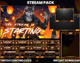 Wolf Halloween-streampakket: geanimeerde en statische overlays, waarschuwingen, panelen, webcam-overlay en chatbox voor Twitch, Kick en Discord