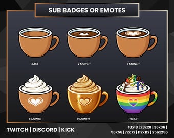 Coffee Cup Twitch Sub Badges – Cozy Café Subscription Badge Set for Twitch, Discord & Kick Streamers