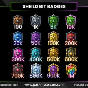May include: A collection of sixteen shield-shaped digital badges arranged in a grid, each featuring a central circular gem and circuit-like patterns. The badges are labeled with numerical values from 100 to 1M, with the text SHEILD BIT BADGES.