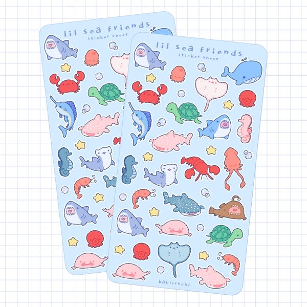 Lil Sea Friends Sticker Sheet | Cute Sea Creature Stickers Colorful Marine Animals Aquarium Vinyl For Journals Notebooks Letters Scrapbooks