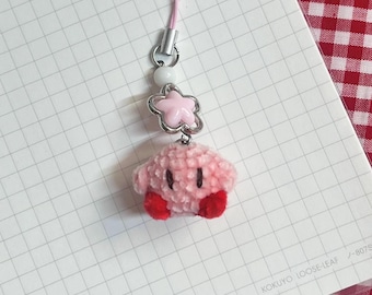 Crochet Kirby Phone Strap Keychain Clasp | Small Pink Red Amigurumi Plush Charm Handmade Fuzzy Stuffed Gift