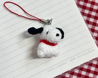 Crochet Snoopy Phone Strap Keychain Clasp | Small Charlie Brown Inspired Amigurumi Plush Charm Handmade Fuzzy Stuffed Fanart Gift