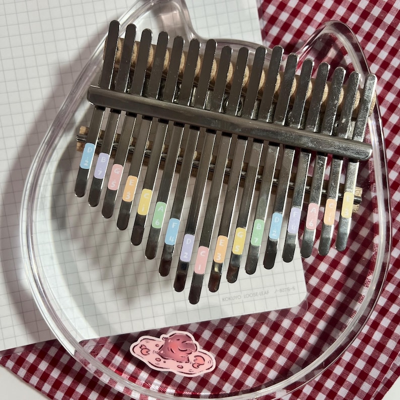 Pu&ograve; includere: Un kalimba in acrilico trasparente con lamelle metalliche, appoggiato su un quaderno e un tessuto a scacchi rossi e bianchi. Le lamelle hanno etichette colorate con lettere e numeri. Un adesivo di una nuvola rosa con una faccia &egrave; nell'angolo.