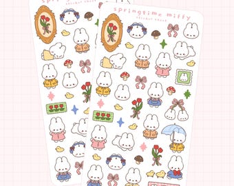 Springtime Miffy Sticker Sheet | White Bunny Fanart Stickers Vinyl For Journals Notebooks Letters Scrapbooks Spring Easter