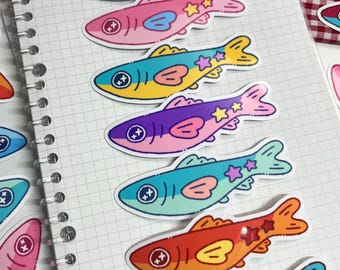 Sardine Sticker Vinyl Diecut | Colorful Fish Stickers Decal Rainbow Star Heart Kawaii Cute