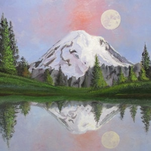 May include: A painting of a snow-capped mountain reflected in a still lake. The mountain is in the background with a full moon in the sky above it. The lake is in the foreground with trees lining the shore.