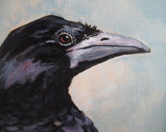 RUSSELL CROW Original  Oil Painting colorful Spring CORVID sky branch cloud Moon flower