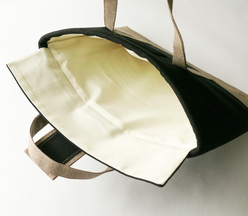 May include: Open view of a tote bag with a black exterior and a beige interior. The bag has two handles and a black trim. The interior lining is a light beige color, and the handles are a light brown.