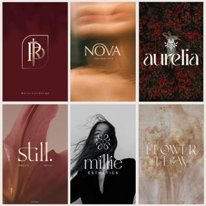 Peut inclure: Un collage de six concepts de design graphique présentant divers logos et typographies. Les designs incluent un monogramme d'épée, le texte NOVA, aurelia, still., millie ESTHETICS et FLOWER & FLOW, affichés sur des images variées.