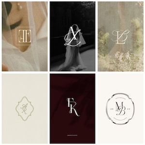 Könnte beinhalten: Eine Collage von sechs Hochzeitslogos. Die Logos zeigen elegante Monogramm-Designs mit Initialen, vor verschiedenen Hintergründen. Die Farbpalette umfasst Weiß, Gold und Burgunder, mit floralen und minimalistischen Elementen. Die Logos eignen sich für Hochzeitsmarken.
