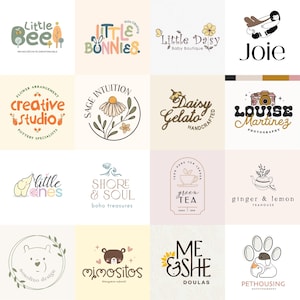 May include: Sixteen logos with diverse designs and text are displayed. The logos incorporate illustrations of a bee, bunny, daisy, camera, elephant, bear, and paw print. Text includes "Little Bee", "Little Bunnies", "Little Daisy", "Joie", "Creative Studio", "Sage Intuition", "Daisy Gelato", "Louise Martinez Photography", "Little Ones", "Shore & Soul", "Green Tea", "Ginger & Lemon", "Honolino Design", "Mimositos", "Me & She", and "Pethousing".