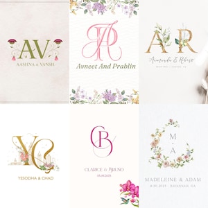 May include: A collection of custom wedding logos featuring initials and names. Designs include floral elements, gold lettering, and various color schemes. Each logo is unique, with names like Aashna & Vansh and Madeleine & Adam.