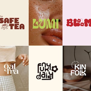May include: A collection of six images showcasing logos and branding. The logos display text including "The Safe Tea," "Lumi," "Blum," "Galma," "Funky Daisy," and "Kin Folk." The colour scheme is warm, with earthy tones and vibrant accents.