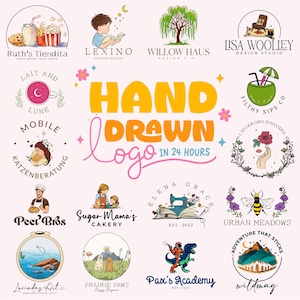 Pode incluir: Uma coleção de dezasseis logótipos desenhados à mão com várias ilustrações, incluindo comida, animais, natureza e pessoas, centrada no texto a laranja e rosa que diz HAND DRAWN logo IN 24 HOURS.