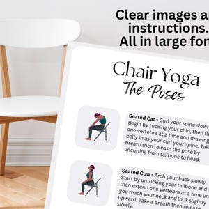 May include: A printable guide to chair yoga poses, featuring illustrations of two poses: Seated Cat and Seated Cow. The guide includes instructions for each pose, written in a clear and easy-to-read font.