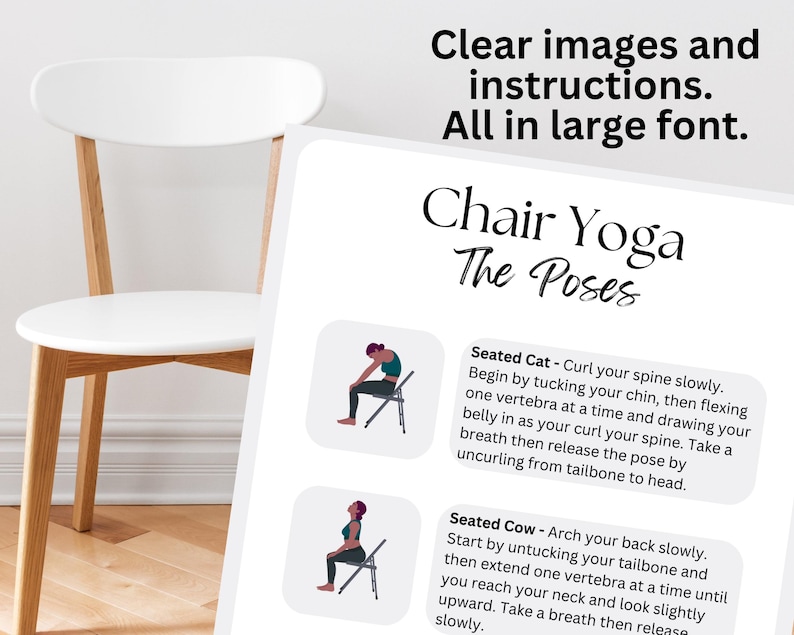May include: A printable guide to chair yoga poses, featuring illustrations of two poses: Seated Cat and Seated Cow. The guide includes instructions for each pose, written in a clear and easy-to-read font.