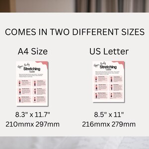 May include: Two printable upper body stretching guides, one in A4 size (8.3 inches by 11.7 inches) and one in US Letter size (8.5 inches by 11 inches). Each guide features a pink header with the text "Upper Body Stretching Guide".