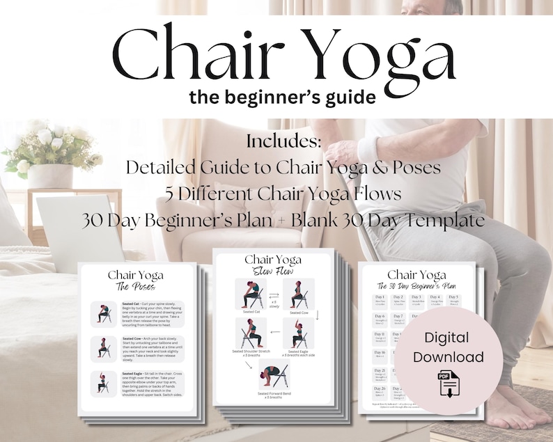 Chair yoga for beginners printable guide – includes seated yoga poses, 5 gentle flows, 30-day chair yoga challenge, and blank monthly template, digital download for seniors or those with mobility issues, improving flexibility, joint health, and daily movement.