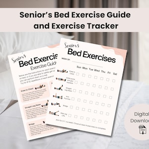 Puede incluir: Guía de ejercicios de cama imprimible para personas mayores con una lista de verificación para realizar un seguimiento de los ejercicios. La guía incluye ilustraciones de ejercicios como rodilla al pecho, elevación de pierna recta, puente y elevaciones de pierna lateral. El texto dice "Senior's Bed Exercises Exercise Guide" y "Senior's Bed Exercises".
