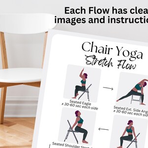 May include: A printable chair yoga stretch flow guide with illustrations of a person performing each pose. The poses include seated eagle, seated shoulder stretch, and seated extended side angle. Each pose has instructions for how long to hold it and how many repetitions to do.