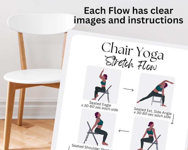 May include: A printable chair yoga stretch flow guide with illustrations of a person performing each pose. The poses include seated eagle, seated shoulder stretch, and seated extended side angle. Each pose has instructions for how long to hold it and how many repetitions to do.