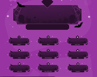 May include: A purple animated alert design with a Halloween theme. The design includes bats, stars, and a graveyard silhouette. Text includes "support", "share", "new cheer", "stars", "new donation", "like", "superchat", "new subscriber", "members", and "animated alert".