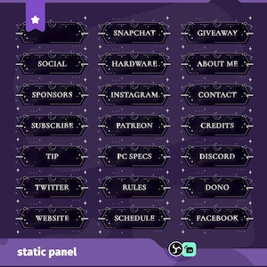 May include: A digital graphic with a dark purple backdrop, adorned with white stars and crescent moon motifs. It showcases rectangular panels labelled with social media and informational terms, including "Snapchat," "Giveaway," and "Website." The words "static panel" appear at the base.