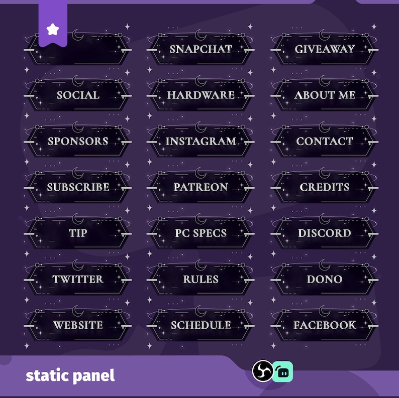May include: A digital graphic with a dark purple backdrop, adorned with white stars and crescent moon motifs. It showcases rectangular panels labelled with social media and informational terms, including "Snapchat," "Giveaway," and "Website." The words "static panel" appear at the base.
