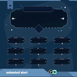 May include: Dark blue animated alert overlay with a celestial theme. Features a large central panel, smaller panels for alerts like "superchat" and "new follower", and decorative star accents. The text "animated alert" is at the bottom.