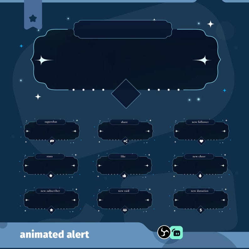 May include: Dark blue animated alert overlay with a celestial theme. Features a large central panel, smaller panels for alerts like "superchat" and "new follower", and decorative star accents. The text "animated alert" is at the bottom.