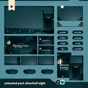 以下が含まれることがあります： 夜の森をテーマにした、ティール色のストリーミング用アニメーションパック。チャット、アラート、ソーシャルメディアボタン用のオーバーレイが含まれています。「Starting Soon」、「Stream Ending」、ソーシャルメディアプラットフォーム名などのテキストが含まれています。