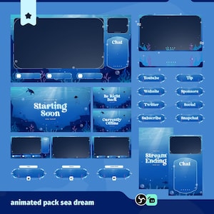May include: A digital streaming overlay pack with a sea dream theme. The pack includes animated screens for "Starting Soon", "Be Right Back", and "Currently Offline". It also features social media buttons and chat boxes, all in shades of blue with underwater graphics.