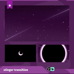 May include: A digital stinger transition graphic featuring a dark purple starry night sky with a diagonal shooting star streak. Below, a small white crescent moon icon appears on a black background, followed by a large glowing white ring.