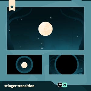 Op de afbeelding: Een digitale illustratie met een nachtscène met een volle maan, sterren en boom silhouetten. Hieronder twee cirkelvormige overgangsgraphics. De tekst "stinger transition" staat onderaan.