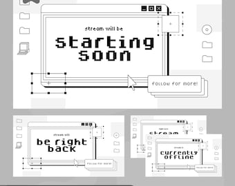 May include: Monochrome digital art showing three streaming screens with the messages "starting soon", "be right back", and "currently offline". Each screen includes a "follow for more!" button. The image is labelled "static & animated screen".