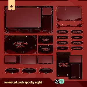 May include: A digital animated pack with a spooky night theme. The pack includes various overlay elements in shades of red and black, with spiderweb and star accents. Text includes "Starting Soon," "Be Right Back," and social media buttons.