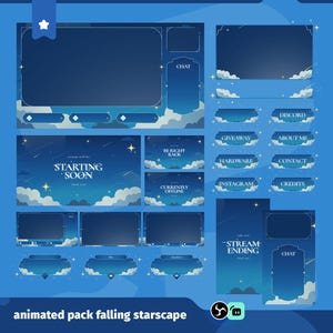 May include: A digital art pack with a night sky theme, featuring a dark blue background with white clouds and stars. Includes various overlay designs for streaming platforms, with text labels like "Starting Soon" and "Stream Ending".