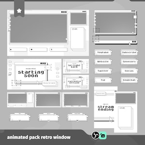 Puede incluir: Un paquete animado en blanco y negro para streaming de ventanas retro. El paquete incluye varios elementos de superposición como cuadros de chat, indicadores de estado y botones de redes sociales. El texto incluye "starting soon", "be right back", "currently offline" y nombres de redes sociales.