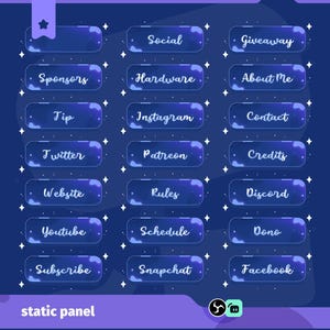May include: A digital graphic with a dark blue background and various social media and informational buttons. The buttons include "Social," "Giveaway," "Sponsors," "Hardware," "About Me," "Tip," "Instagram," "Contact," "Twitter," "Patreon," "Credits," "Website," "Rules," "Discord," "Youtube," "Schedule," "Dono," "Subscribe," "Snapchat," and "Facebook."