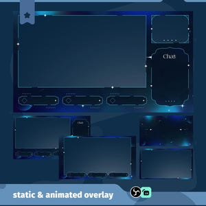 May include: A digital overlay design with a dark blue and teal color scheme, featuring multiple rectangular and curved panels. The design includes a chat box and decorative star accents, with the text "static & animated overlay".