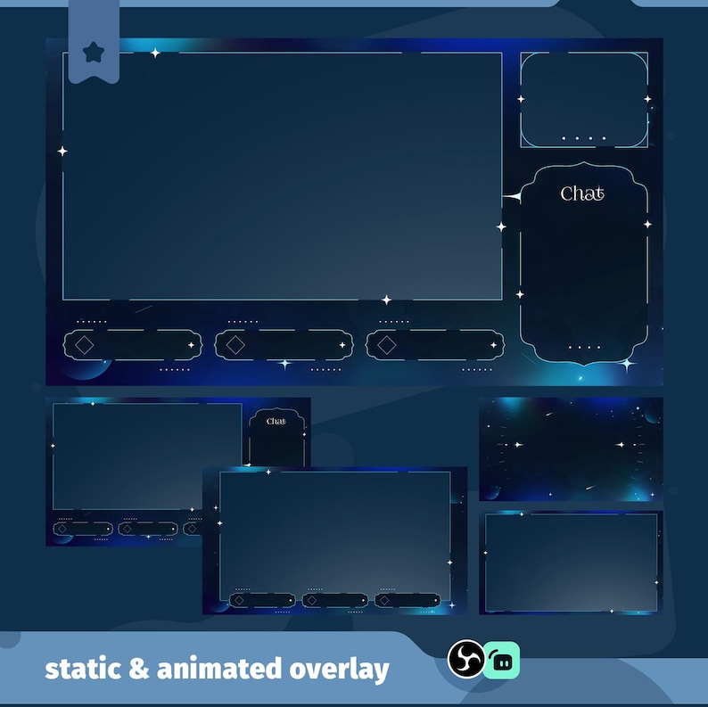 May include: A digital overlay design with a dark blue and teal color scheme, featuring multiple rectangular and curved panels. The design includes a chat box and decorative star accents, with the text "static & animated overlay".