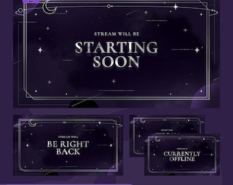 Paquete de pantallas animadas para transmisiones en vivo / Diseño cósmico celestial púrpura (descarga digital)