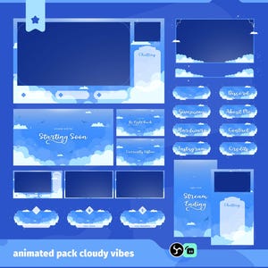 Può includere: Un pacchetto di arte digitale a tema nuvole, con vari overlay e pannelli animati in tonalità di blu e bianco. Include pannelli per "Starting Soon", "Stream Ending" e collegamenti ai social media. Il testo "animated pack cloudy vibes" è in basso.