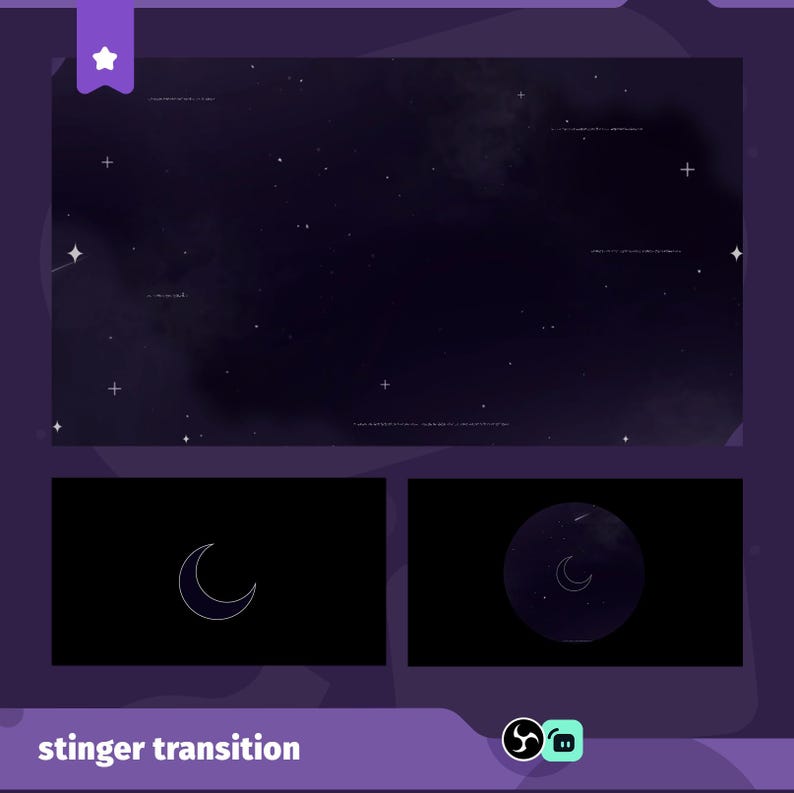 May include: A digital graphic with a dark purple background depicting a starry night sky. Two smaller black rectangles below show a crescent moon. The text "stinger transition" is at the bottom.